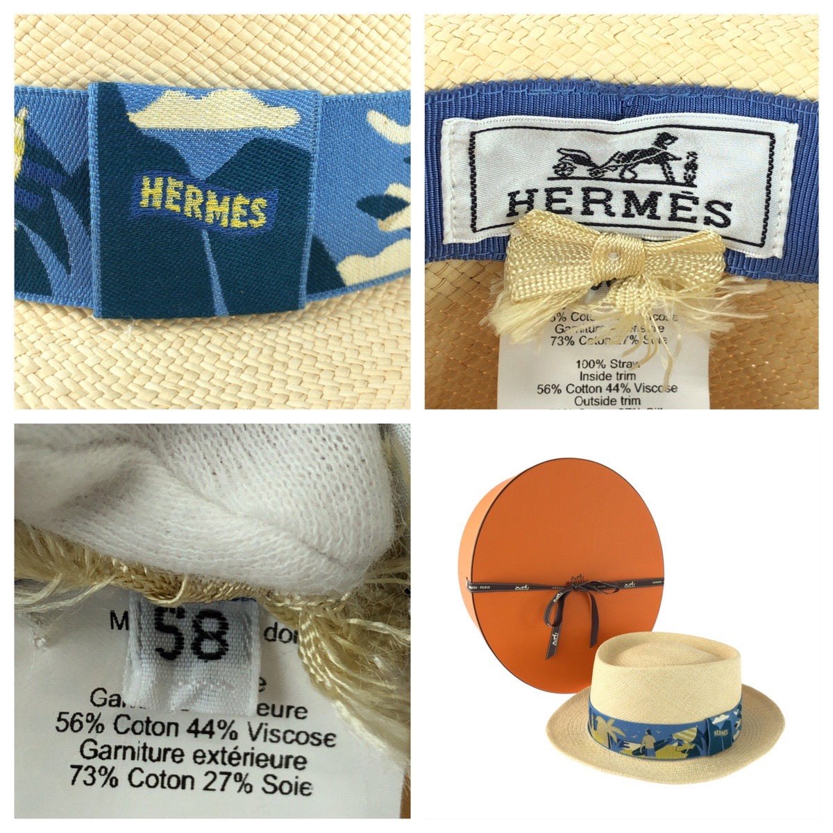 26088
HERMES エルメス ストローハット ベージュ ブルー ストロー ストローハット パナマハット 麦わら帽子 メンズ SA49
