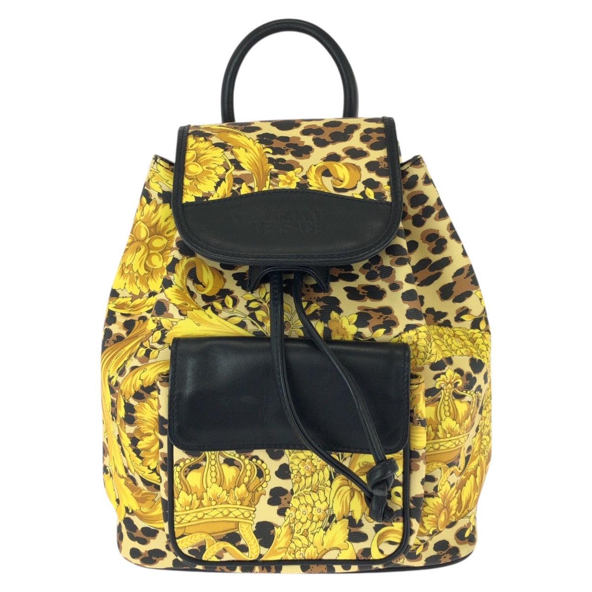 26092
VERSACE ヴェルサーチ ヴィンテージ バロック柄 イエロー ブラック ゴールド金具 PVC / レザー リュックサック バックパック レディース A56