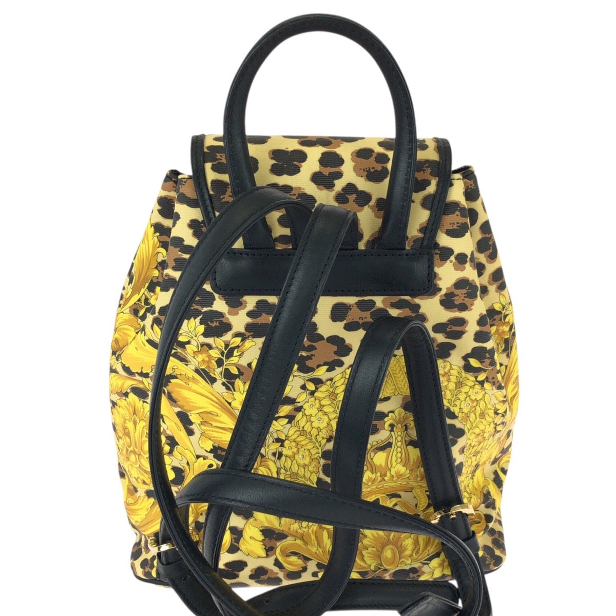 26092
VERSACE ヴェルサーチ ヴィンテージ バロック柄 イエロー ブラック ゴールド金具 PVC / レザー リュックサック バックパック レディース A56