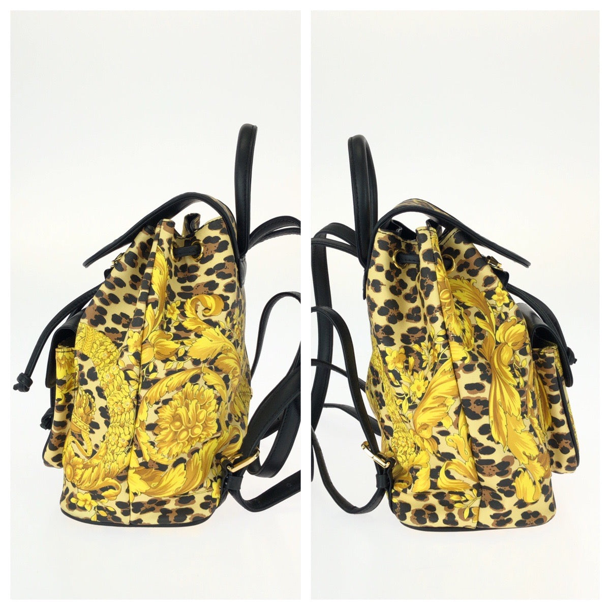 26092
VERSACE ヴェルサーチ ヴィンテージ バロック柄 イエロー ブラック ゴールド金具 PVC / レザー リュックサック バックパック レディース A56