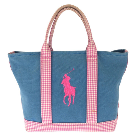 26132
POLO RALPH LAUREN ポロ ラルフローレン ブルー ピンク ゴールド金具 キャンバス トートバッグ ハンドバッグ レディース AB2