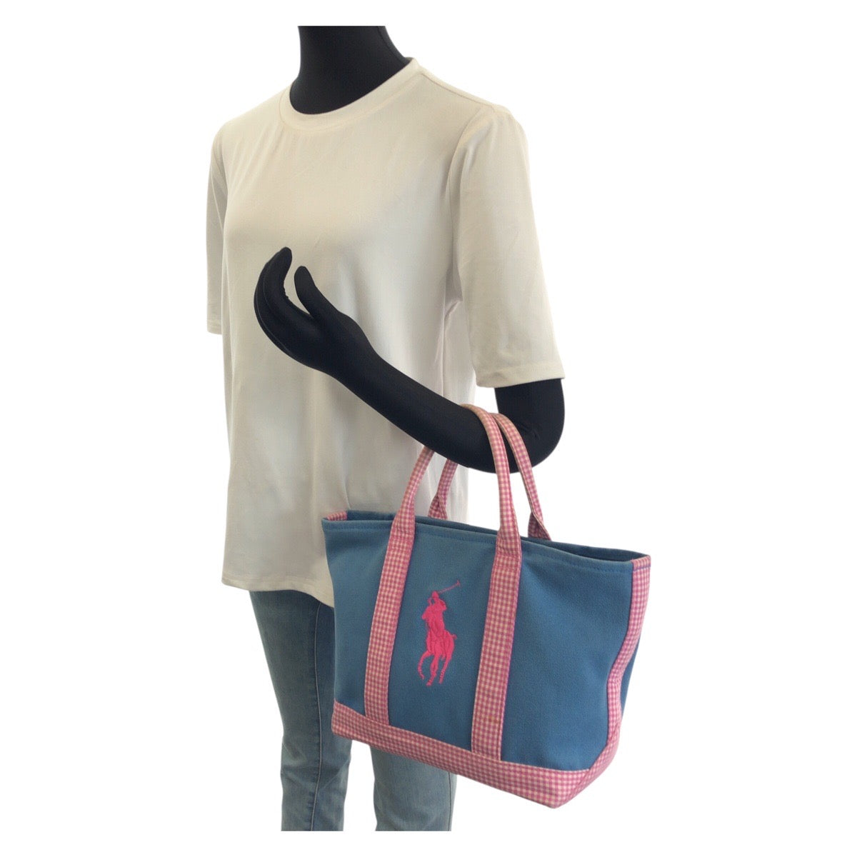 26132
POLO RALPH LAUREN ポロ ラルフローレン ブルー ピンク ゴールド金具 キャンバス トートバッグ ハンドバッグ レディース AB2