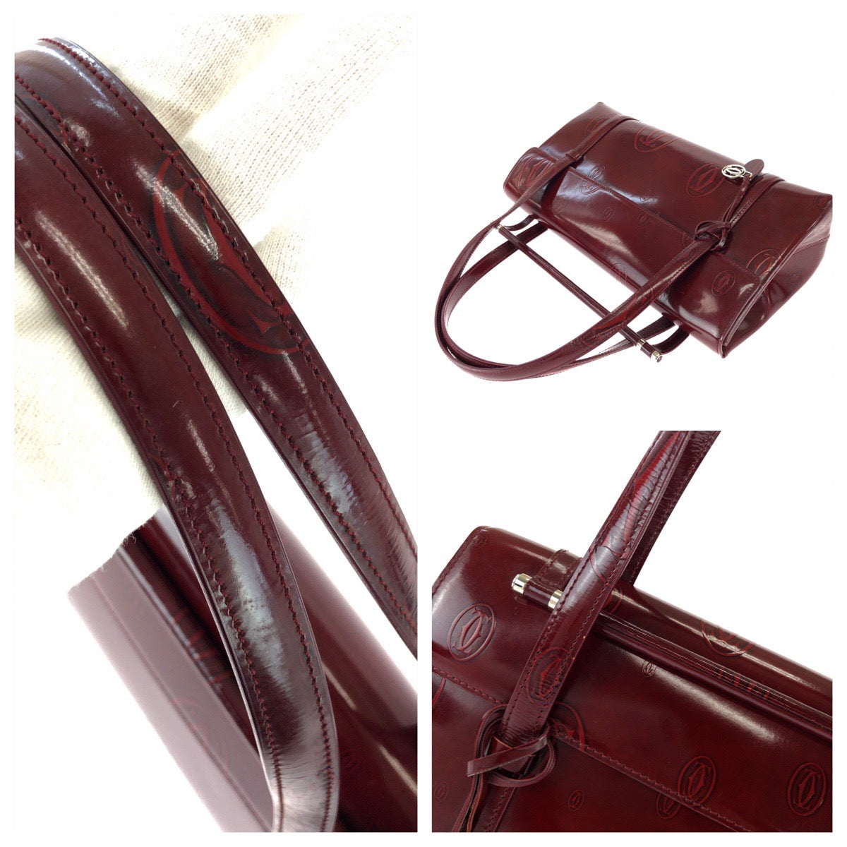 26146
CARTIER カルティエ ハッピーバースデー ワインレッド ボルドー シルバー金具 エナメル ハンドバッグ バニティバッグ レディース ABP37