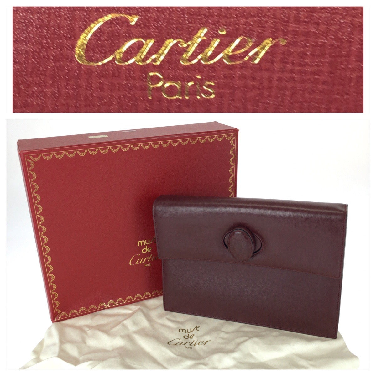 26157
CARTIER カルティエ ヴィンテージ マストライン ワインレッド ボルドー ゴールド金具 レザー クラッチバッグ セカンドバッグ レディース A28