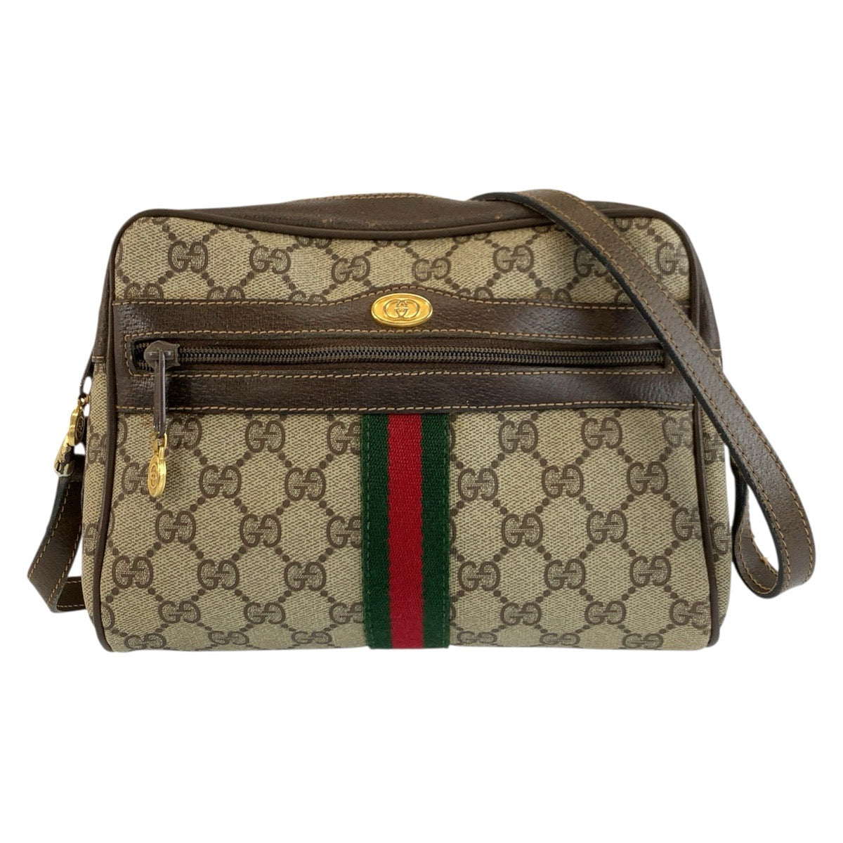 26166
GUCCI グッチ ヴィンテージ シェリーライン ベージュ ブラウン ゴールド金具 GGスプリームキャンバス / レザー ショルダーバッグ ポシェット レディース AB36