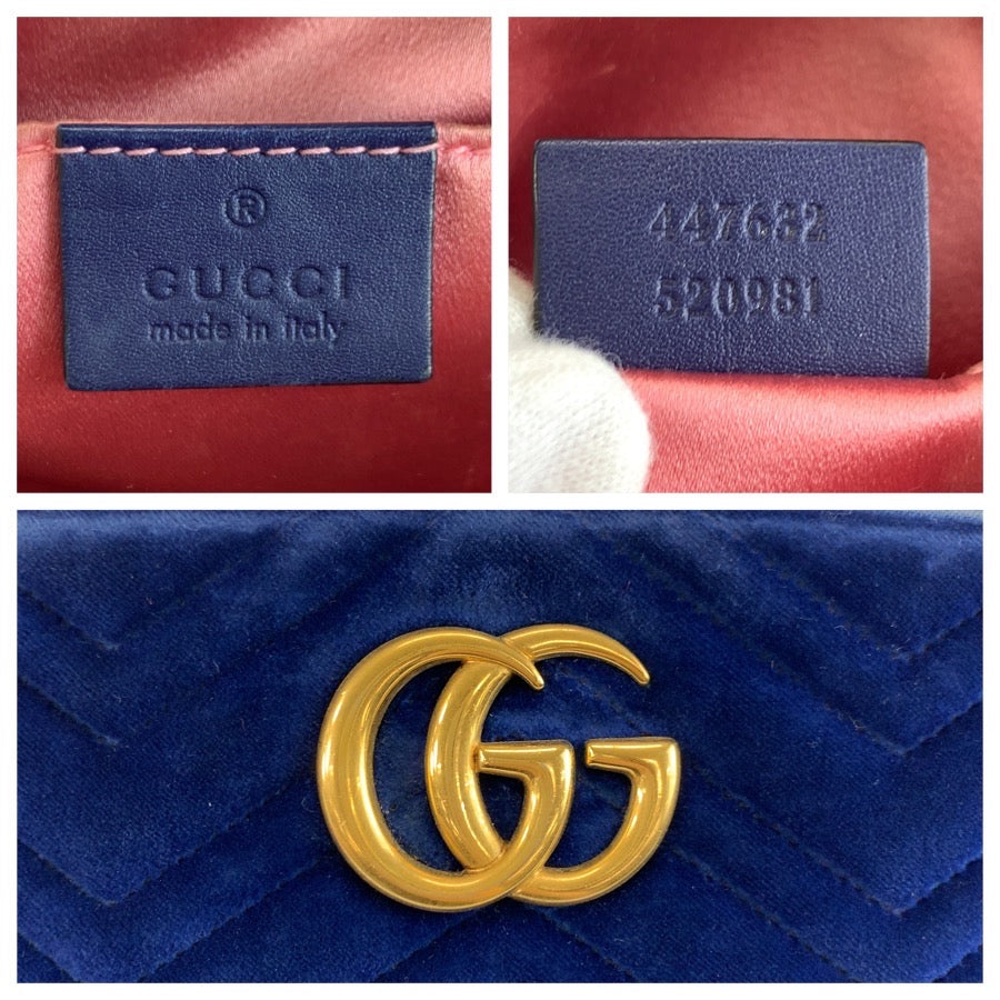26171
GUCCI グッチ GGマーモント ブルー ゴールド金具 ベルベット 447632 ショルダーバッグ ポシェット レディース AB37