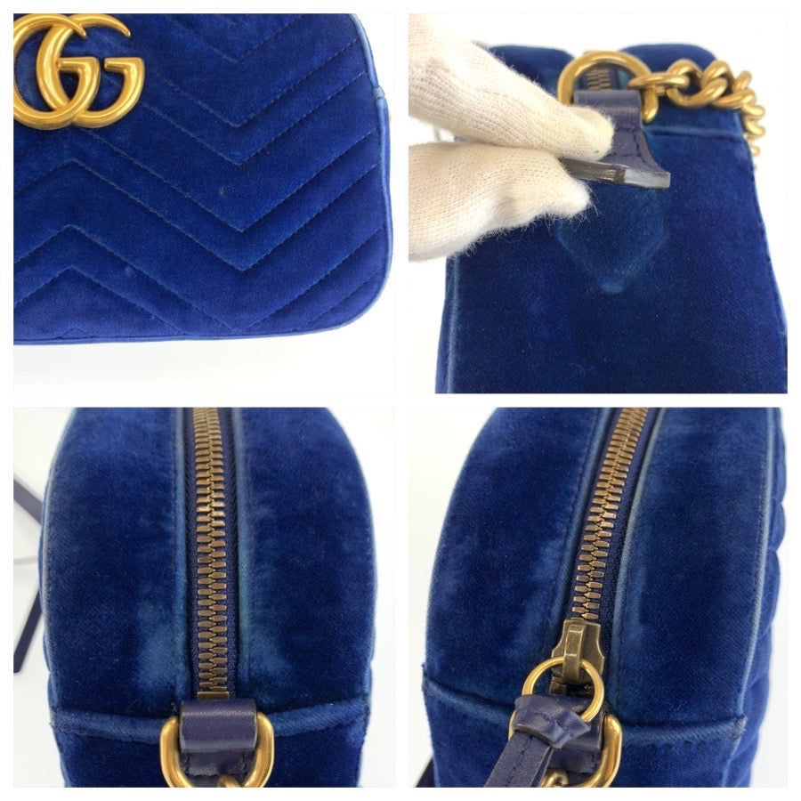 26171
GUCCI グッチ GGマーモント ブルー ゴールド金具 ベルベット 447632 ショルダーバッグ ポシェット レディース AB37