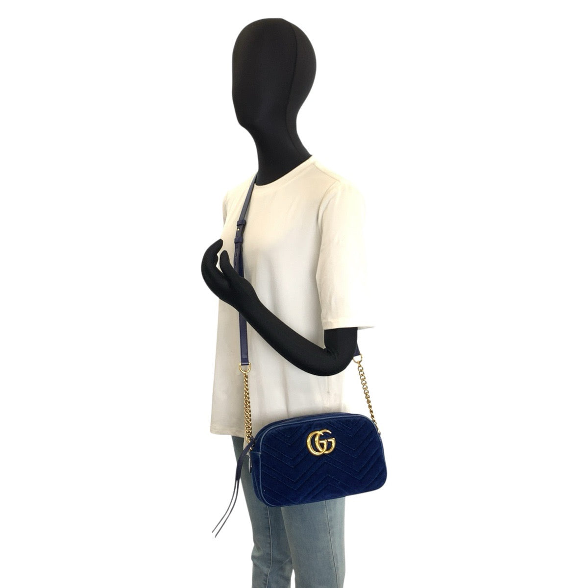 26171
GUCCI グッチ GGマーモント ブルー ゴールド金具 ベルベット 447632 ショルダーバッグ ポシェット レディース AB37