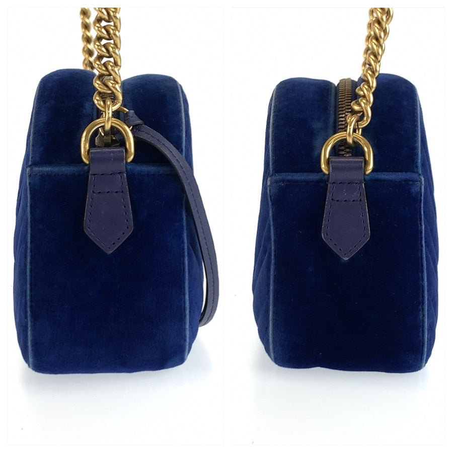 26171
GUCCI グッチ GGマーモント ブルー ゴールド金具 ベルベット 447632 ショルダーバッグ ポシェット レディース AB37