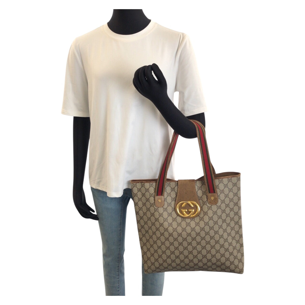 26175
GUCCI グッチ ヴィンテージ オールドグッチ シェリーライン インターロッキングG ベージュ ゴールド金具 GGスプリームキャンバス トートバッグ レディース AB28