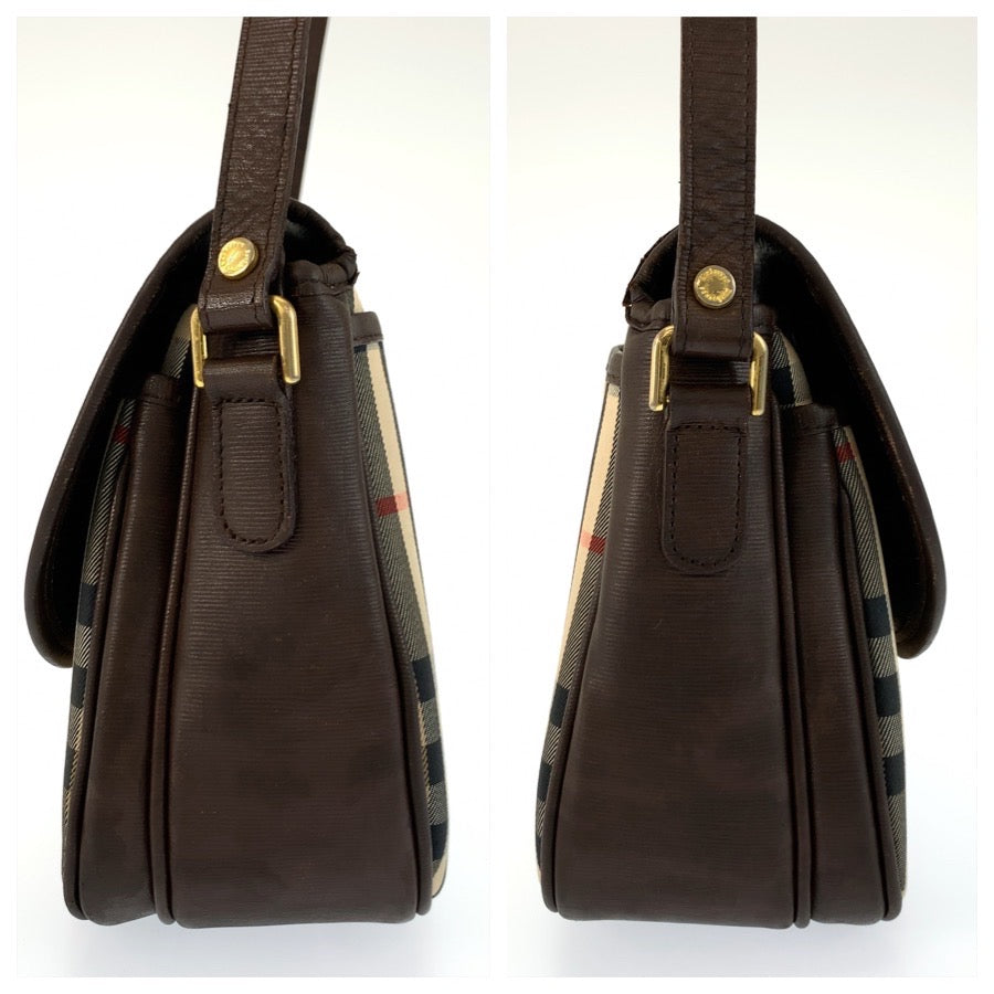 26187
Burberrys バーバリーズ ヴィンテージ シャドーホース チェック柄 ベージュ ブラウン ゴールド金具 キャンバス / レザー ショルダーバッグ ポシェット レディース AB23