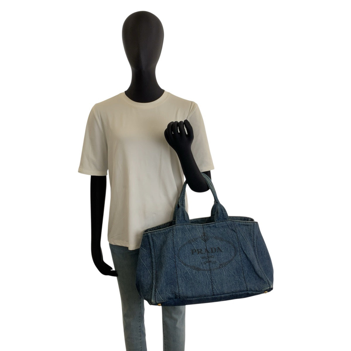 26197
PRADA プラダ カナパトート 三角ロゴプレート ブルー ゴールド金具 デニム トートバッグ ハンドバッグ レディース ABP44