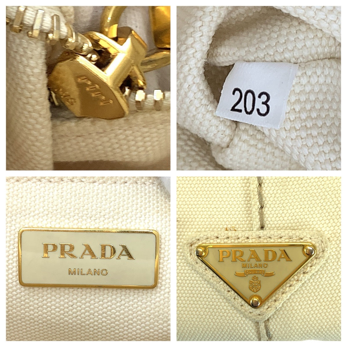 26218
PRADA プラダ カナパ 三角ロゴプレート ホワイト ゴールド金具 キャンバス トートバッグ ハンドバッグ レディース AB35