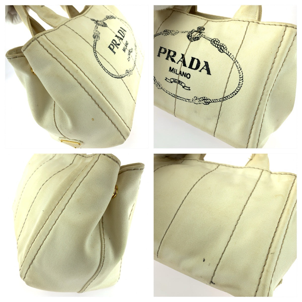 26218
PRADA プラダ カナパ 三角ロゴプレート ホワイト ゴールド金具 キャンバス トートバッグ ハンドバッグ レディース AB35