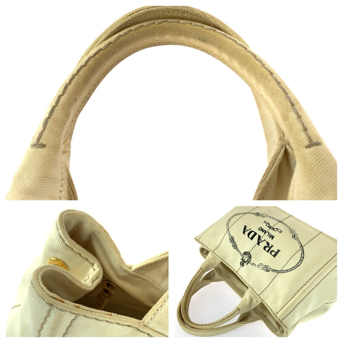 26218
PRADA プラダ カナパ 三角ロゴプレート ホワイト ゴールド金具 キャンバス トートバッグ ハンドバッグ レディース AB35