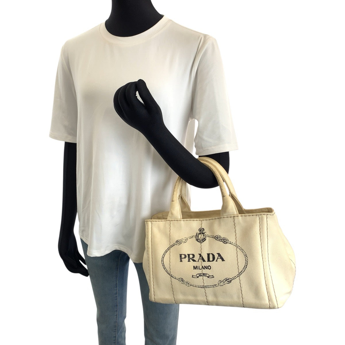 26218
PRADA プラダ カナパ 三角ロゴプレート ホワイト ゴールド金具 キャンバス トートバッグ ハンドバッグ レディース AB35