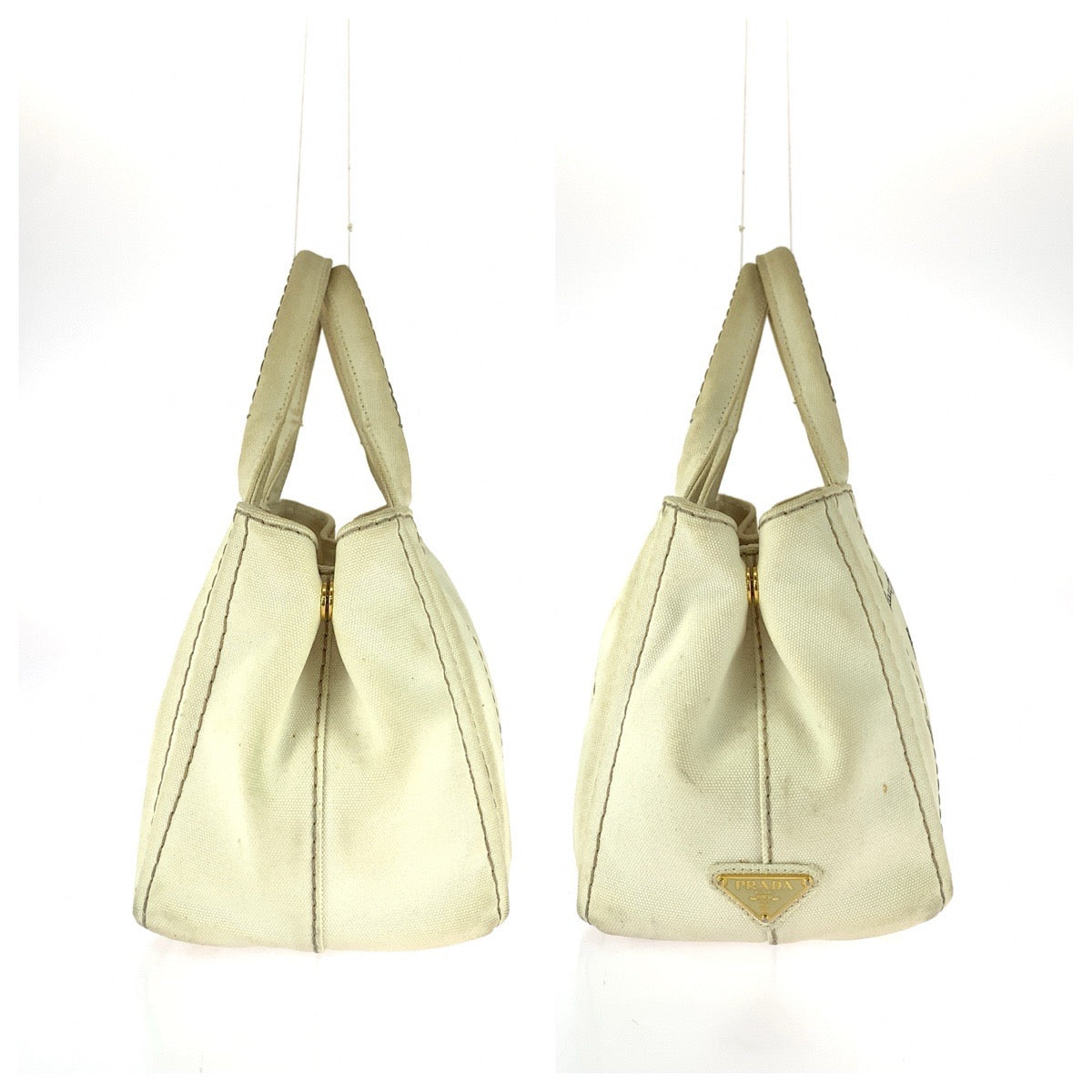 26218
PRADA プラダ カナパ 三角ロゴプレート ホワイト ゴールド金具 キャンバス トートバッグ ハンドバッグ レディース AB35