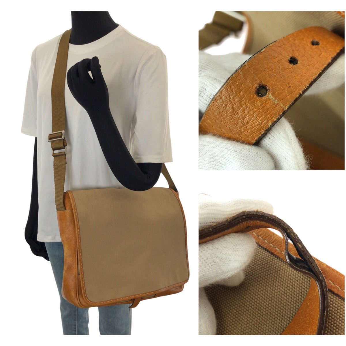 26233
PRADA プラダ ベージュ ブラウン シルバー金具 キャンバス / レザー ショルダーバッグ メッセンジャーバッグ レディース ABP30