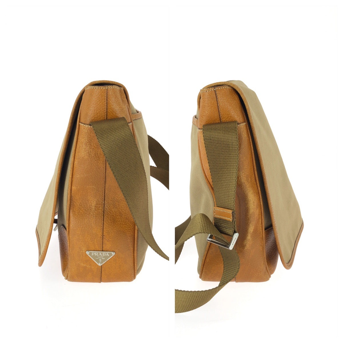 26233
PRADA プラダ ベージュ ブラウン シルバー金具 キャンバス / レザー ショルダーバッグ メッセンジャーバッグ レディース ABP30