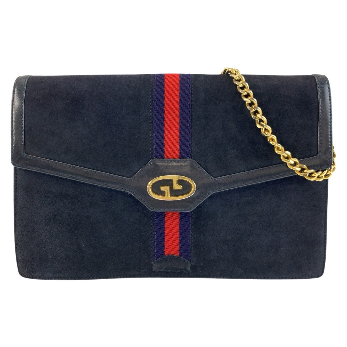 26237
GUCCI グッチ ヴィンテージ シェリーライン ネイビー ゴールド金具 スウェード チェーンショルダーバッグ レディース ABP42