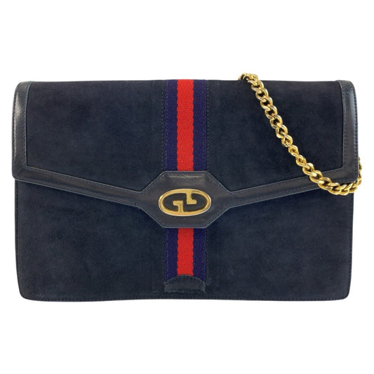 26237
GUCCI グッチ ヴィンテージ シェリーライン ネイビー ゴールド金具 スウェード チェーンショルダーバッグ レディース ABP42
