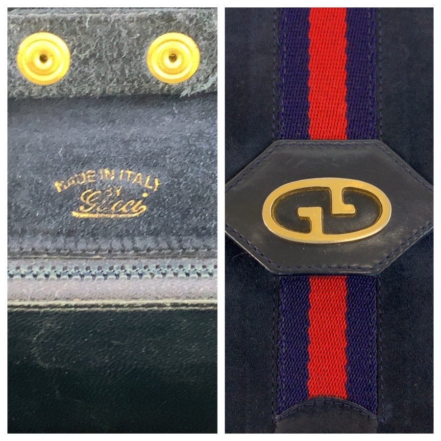 26237
GUCCI グッチ ヴィンテージ シェリーライン ネイビー ゴールド金具 スウェード チェーンショルダーバッグ レディース ABP42