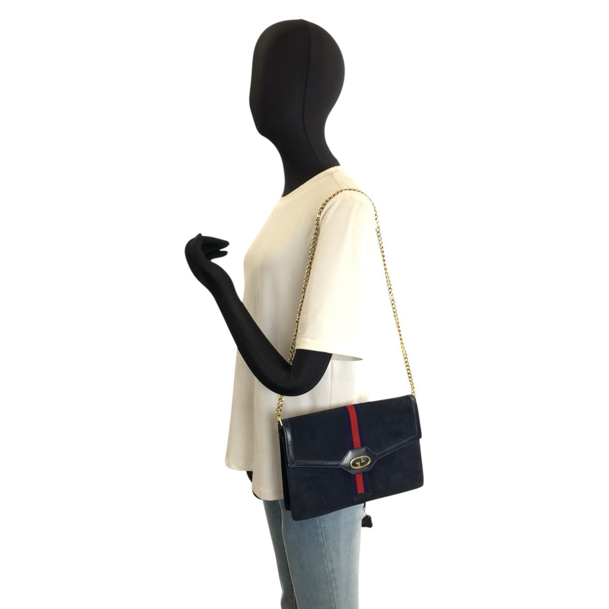 26237
GUCCI グッチ ヴィンテージ シェリーライン ネイビー ゴールド金具 スウェード チェーンショルダーバッグ レディース ABP42