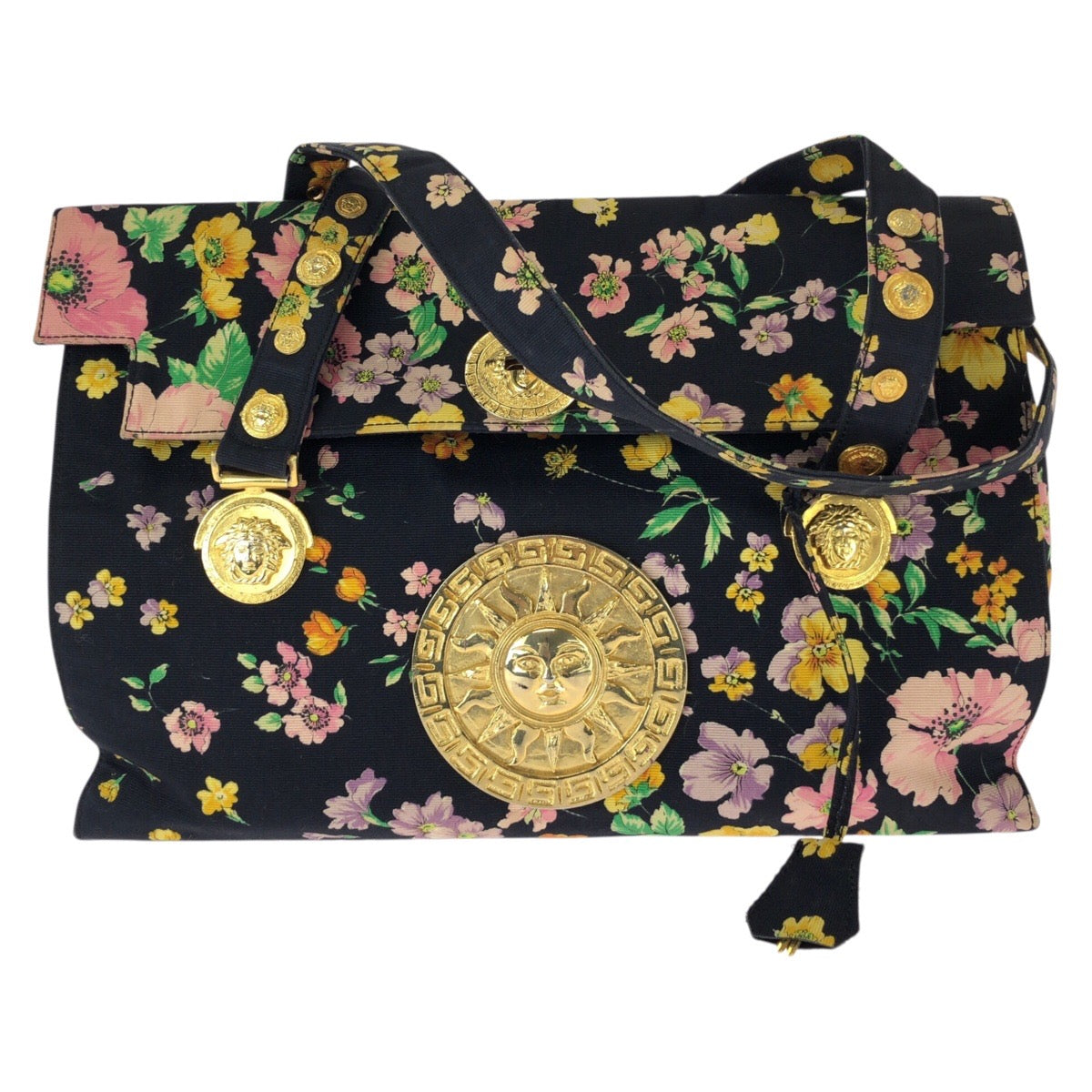 26249
VERSACE ヴェルサーチ ヴィンテージ サンバースト メデューサ マルチカラー ゴールド金具 キャンバス ショルダーバッグ トートバッグ レディース ABP42