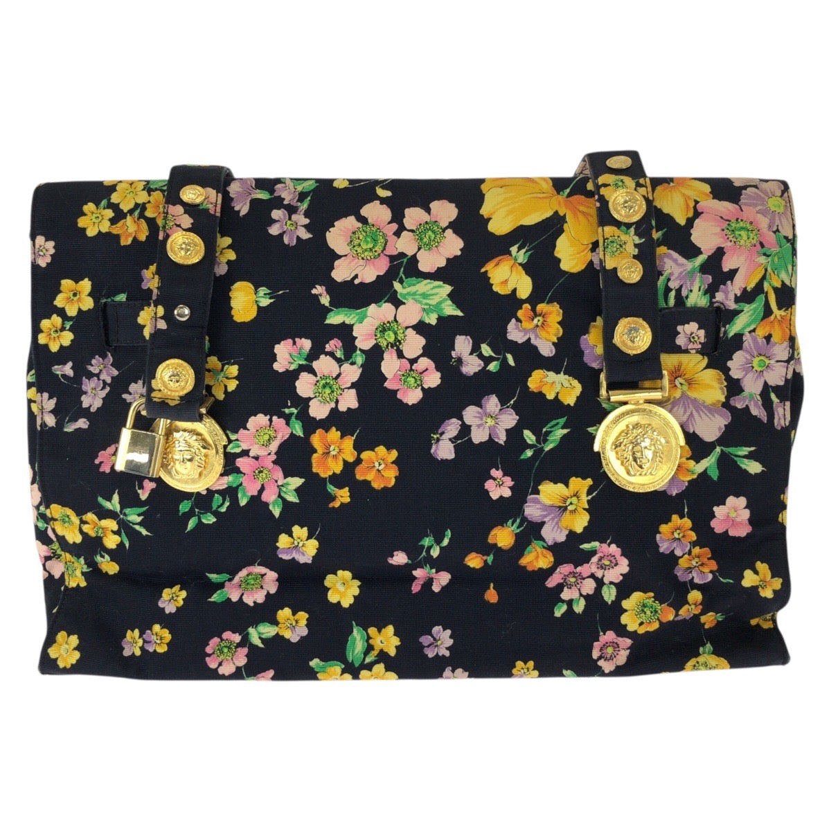 26249
VERSACE ヴェルサーチ ヴィンテージ サンバースト メデューサ マルチカラー ゴールド金具 キャンバス ショルダーバッグ トートバッグ レディース ABP42