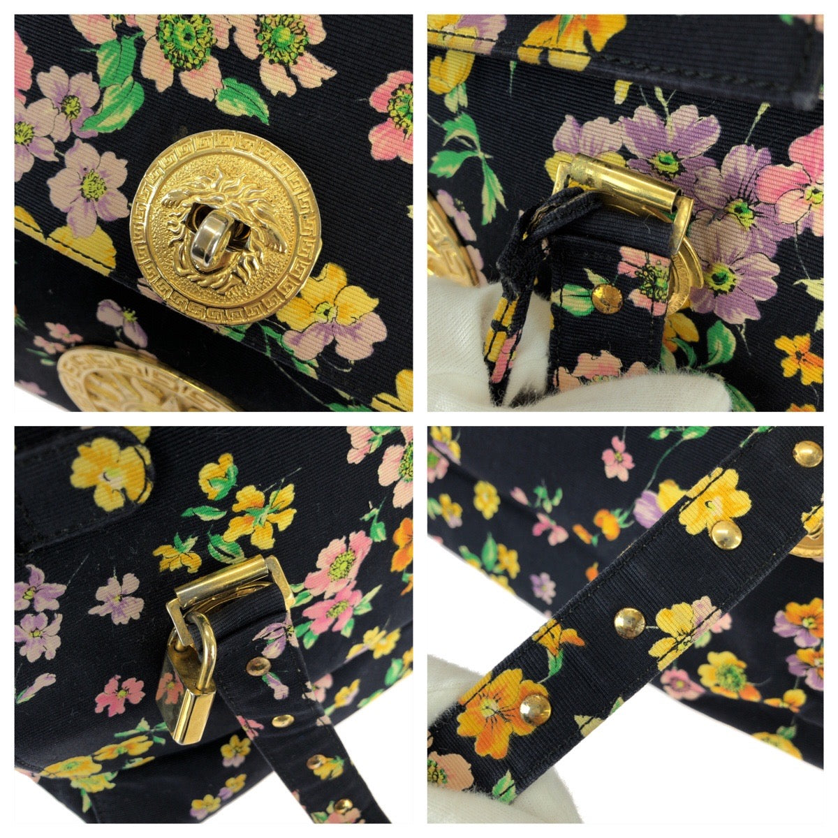 26249
VERSACE ヴェルサーチ ヴィンテージ サンバースト メデューサ マルチカラー ゴールド金具 キャンバス ショルダーバッグ トートバッグ レディース ABP42