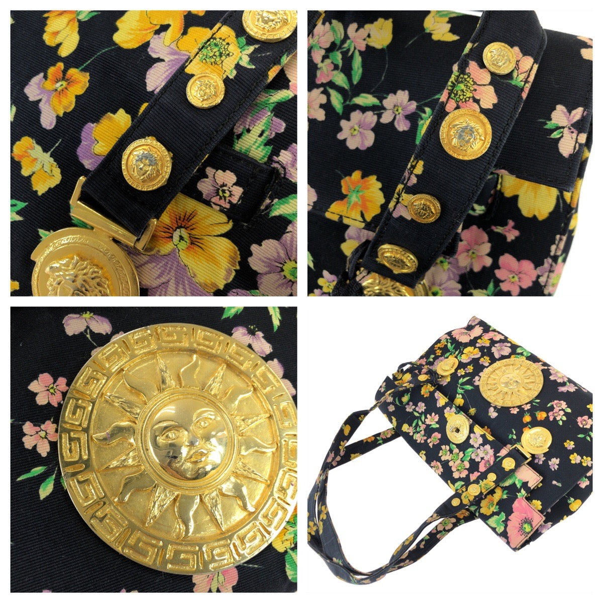 26249
VERSACE ヴェルサーチ ヴィンテージ サンバースト メデューサ マルチカラー ゴールド金具 キャンバス ショルダーバッグ トートバッグ レディース ABP42