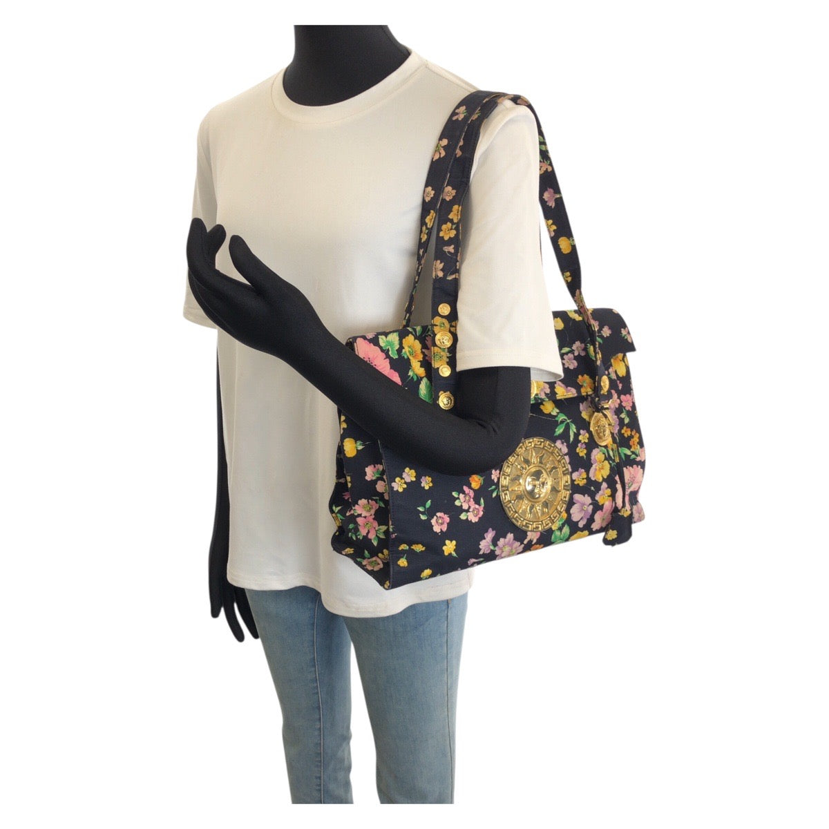 26249
VERSACE ヴェルサーチ ヴィンテージ サンバースト メデューサ マルチカラー ゴールド金具 キャンバス ショルダーバッグ トートバッグ レディース ABP42