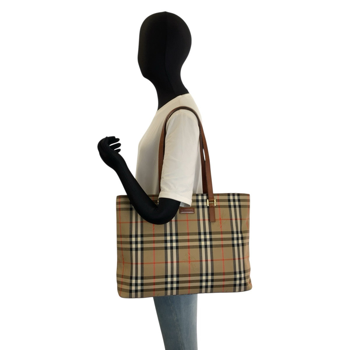26253
BURBERRY バーバリー チェック柄 ベージュ ブラウン ゴールド金具 キャンバス / レザー トートバッグ ショルダーバッグ レディース ABP28