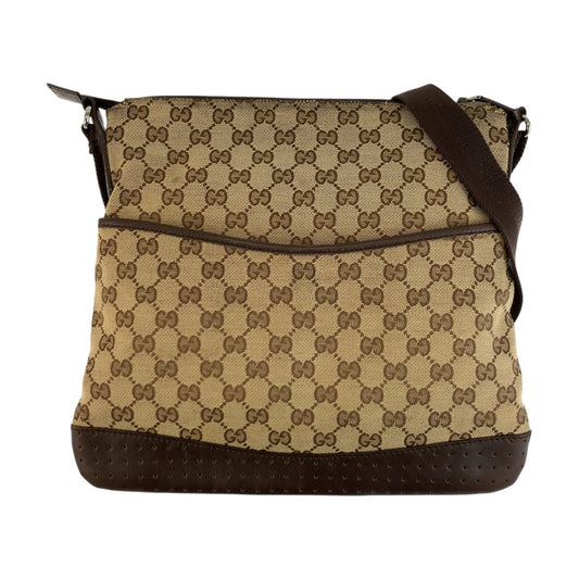 26255
GUCCI グッチ ベージュ ブラウン シルバー金具 GGキャンバス / レザー 145852 ショルダーバッグ ポシェット レディース AB28
