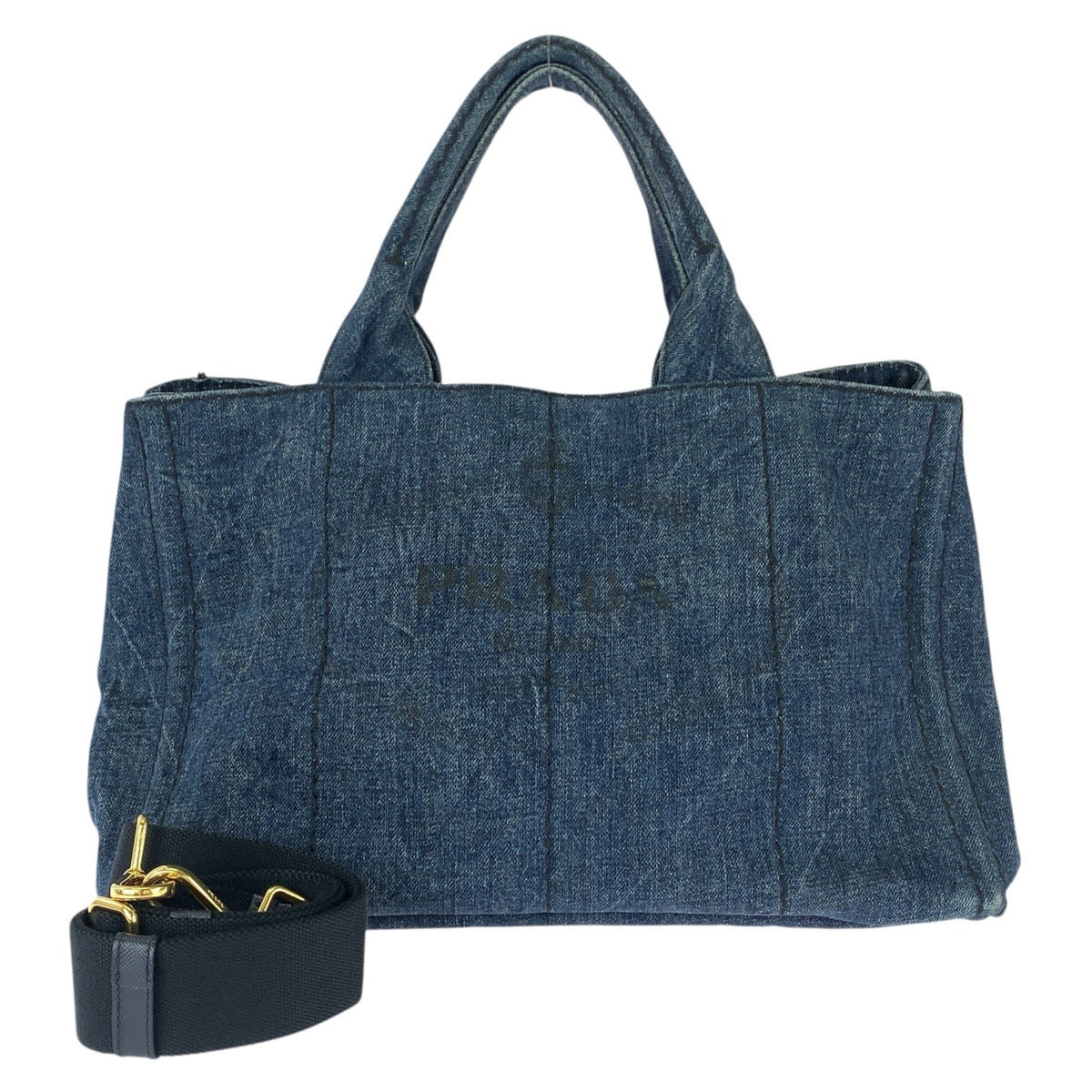 26263
PRADA プラダ カナパ 三角ロゴプレート ２way ブルー ゴールド金具 デニム トートバッグ ショルダーバッグ レディース ABP56