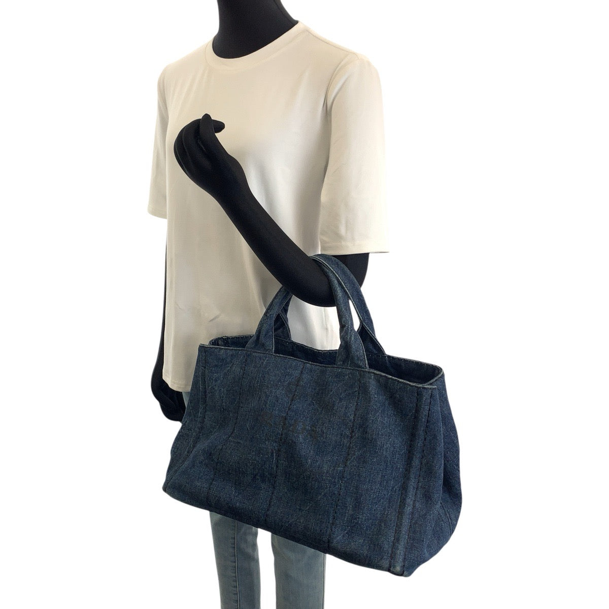 26263
PRADA プラダ カナパ 三角ロゴプレート ２way ブルー ゴールド金具 デニム トートバッグ ショルダーバッグ レディース ABP56