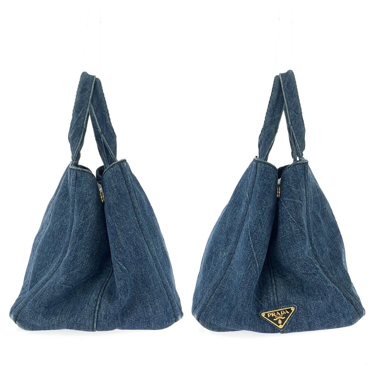 26263
PRADA プラダ カナパ 三角ロゴプレート ２way ブルー ゴールド金具 デニム トートバッグ ショルダーバッグ レディース ABP56