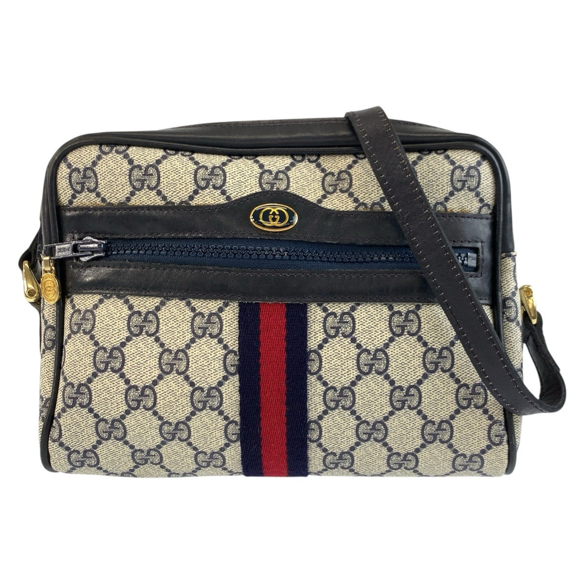 26265
GUCCI グッチ ヴィンテージ シェリーライン グレー ネイビー ゴールド金具 GGスプリームキャンバス / レザー 38 ショルダーバッグ ポシェット レディース ABP42
