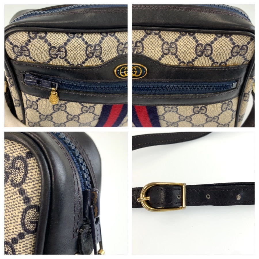 26265
GUCCI グッチ ヴィンテージ シェリーライン グレー ネイビー ゴールド金具 GGスプリームキャンバス / レザー 38 ショルダーバッグ ポシェット レディース ABP42