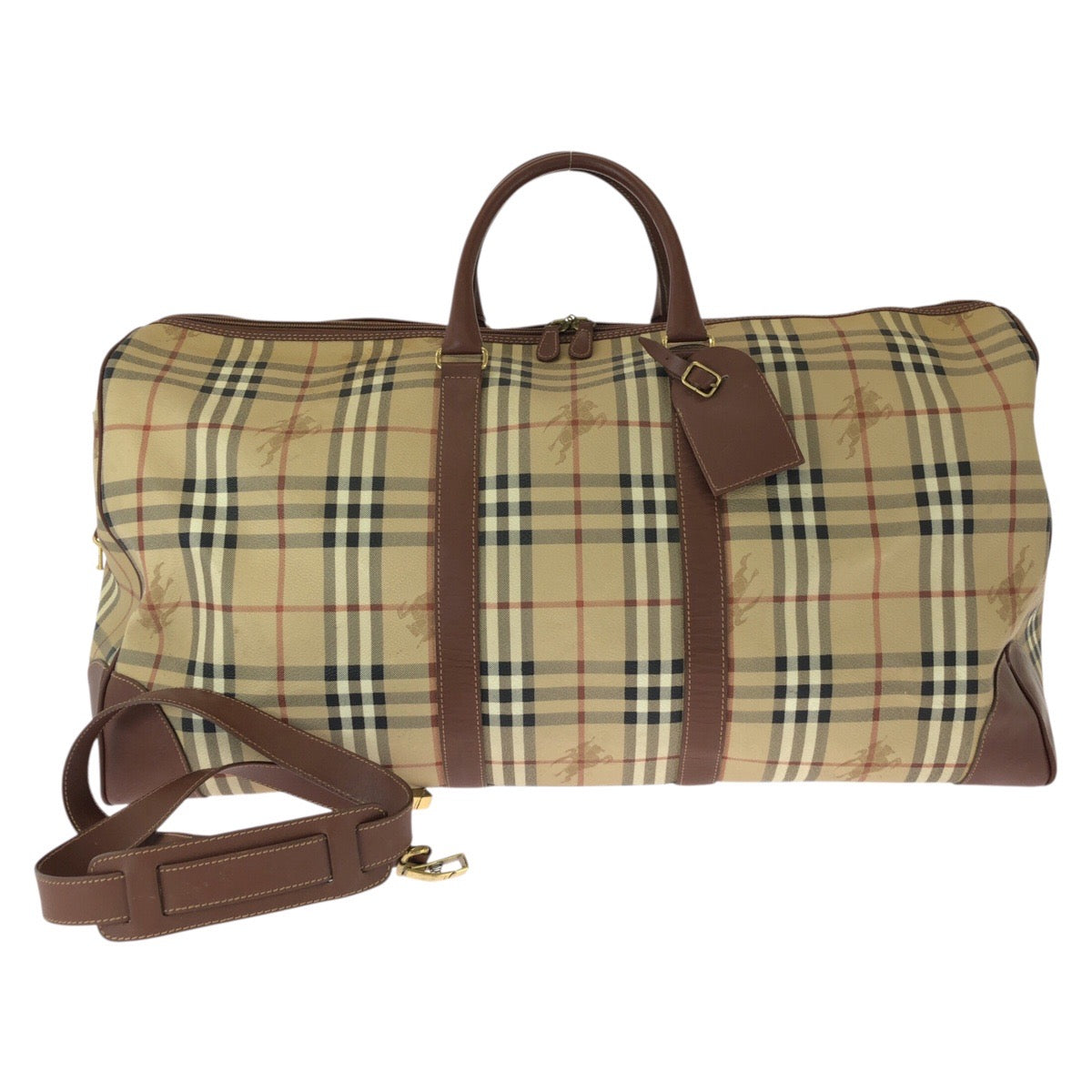 26267
BURBERRY バーバリー ヴィンテージ チェック柄 2way ベージュ ブラウン ゴールド金具 PVC / レザー ボストンバッグ ハンドバッグ メンズ ABP42