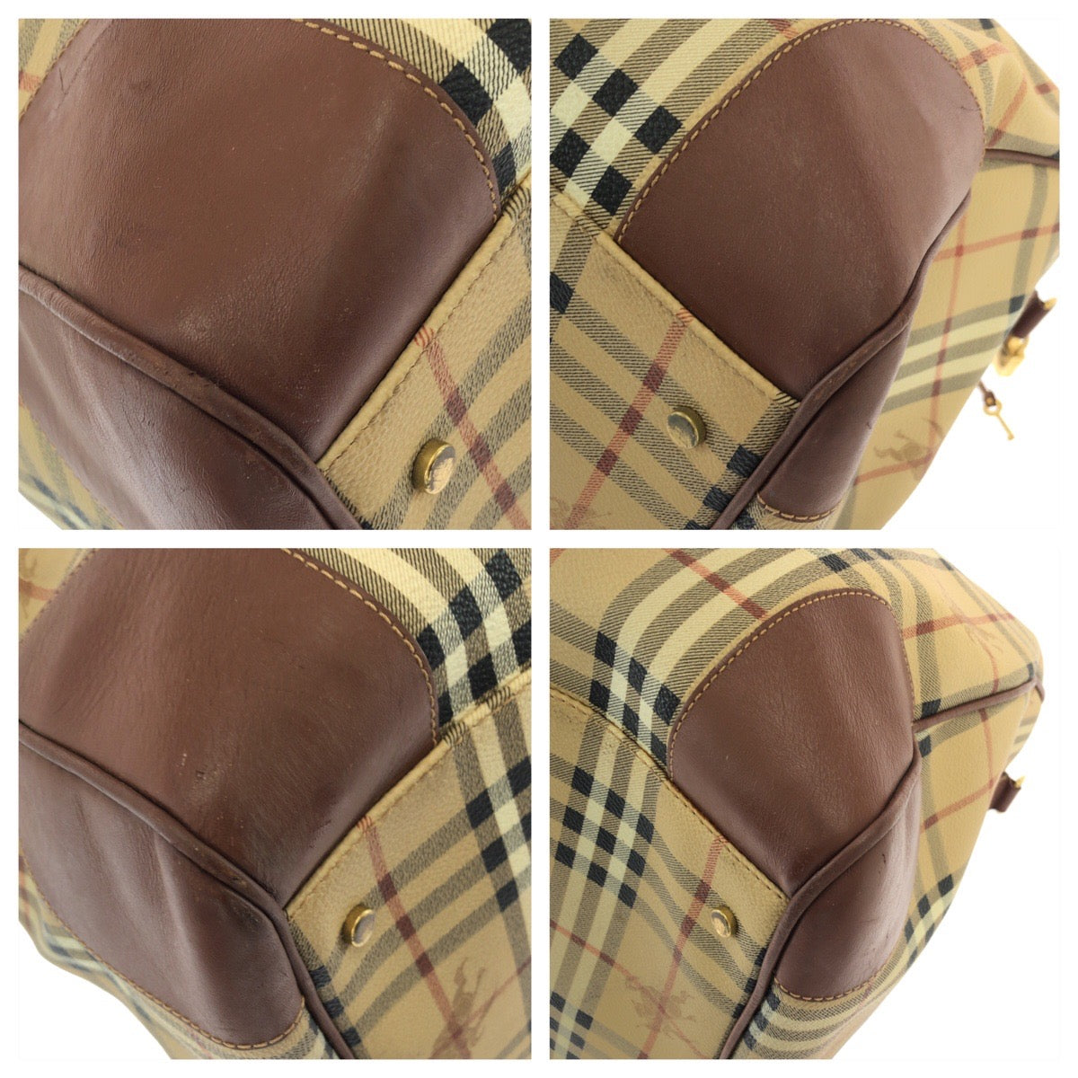 26267
BURBERRY バーバリー ヴィンテージ チェック柄 2way ベージュ ブラウン ゴールド金具 PVC / レザー ボストンバッグ ハンドバッグ メンズ ABP42