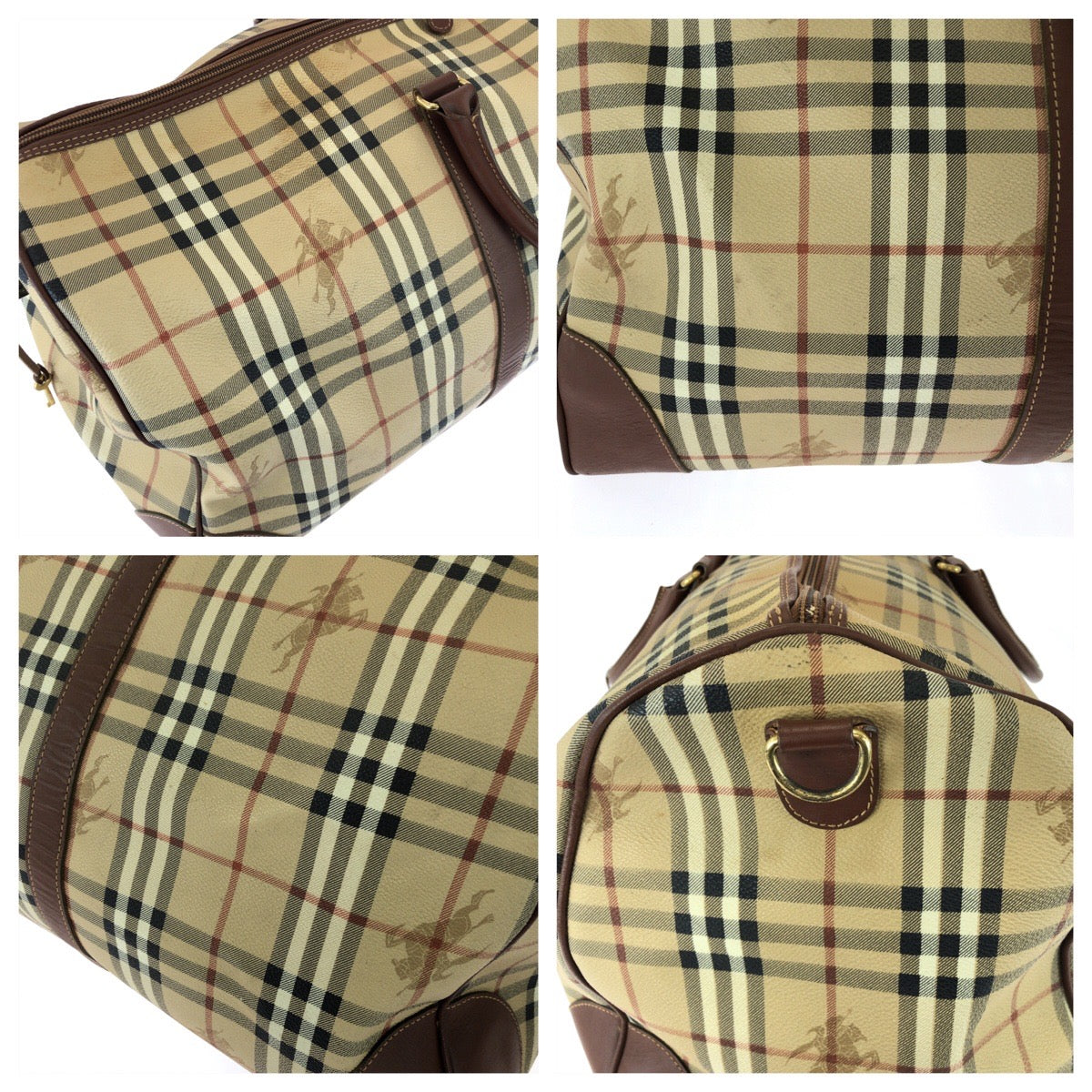 26267
BURBERRY バーバリー ヴィンテージ チェック柄 2way ベージュ ブラウン ゴールド金具 PVC / レザー ボストンバッグ ハンドバッグ メンズ ABP42