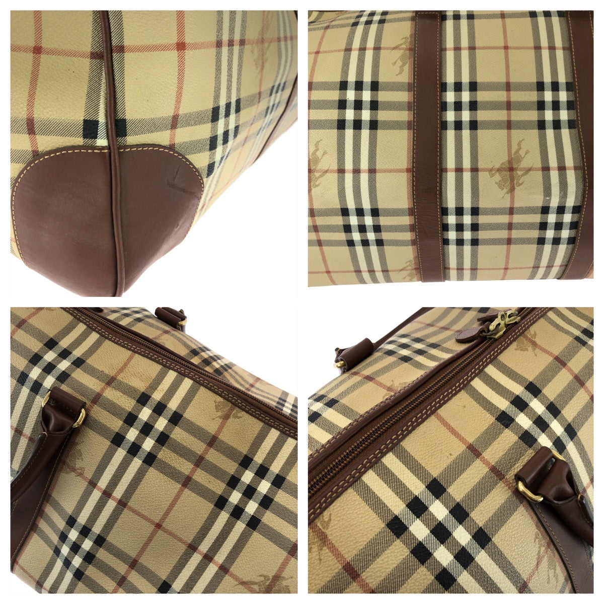 26267
BURBERRY バーバリー ヴィンテージ チェック柄 2way ベージュ ブラウン ゴールド金具 PVC / レザー ボストンバッグ ハンドバッグ メンズ ABP42