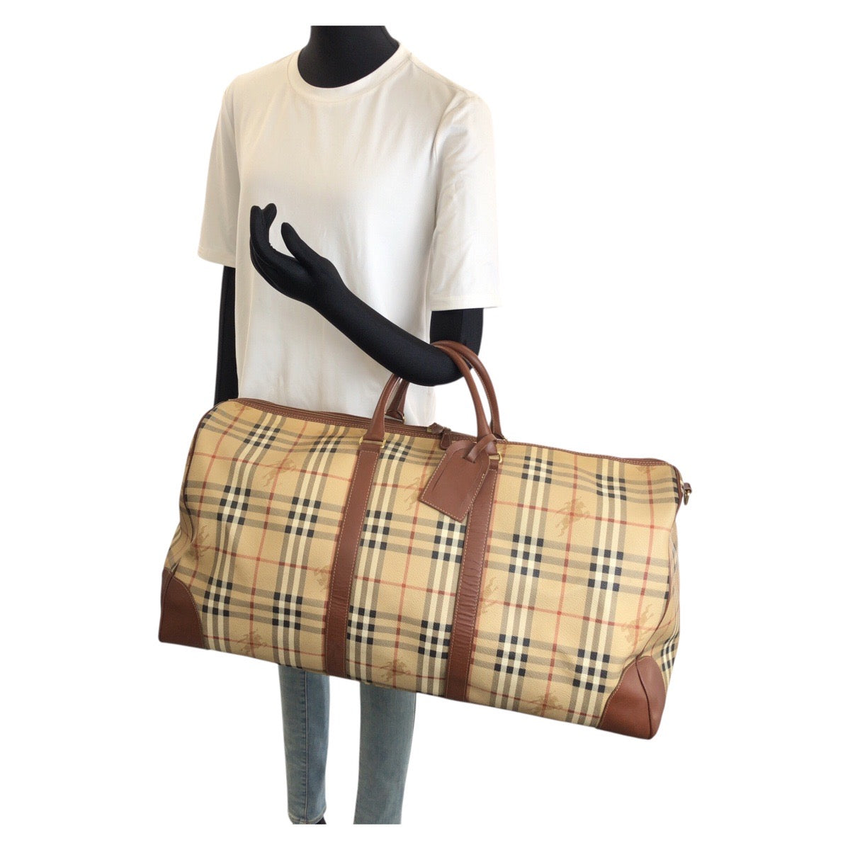 26267
BURBERRY バーバリー ヴィンテージ チェック柄 2way ベージュ ブラウン ゴールド金具 PVC / レザー ボストンバッグ ハンドバッグ メンズ ABP42