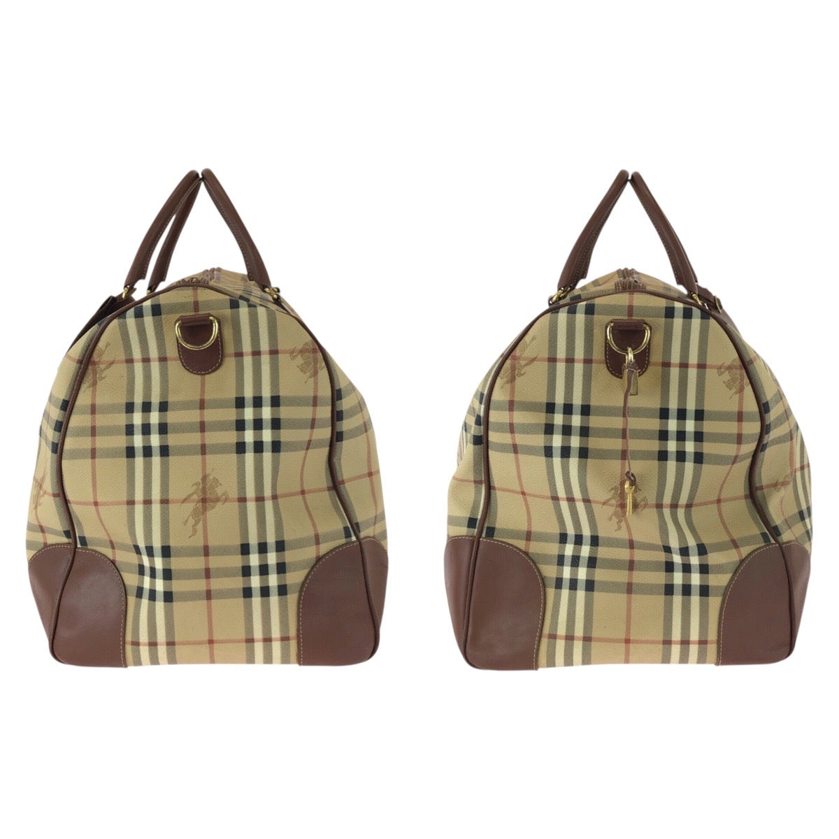 26267
BURBERRY バーバリー ヴィンテージ チェック柄 2way ベージュ ブラウン ゴールド金具 PVC / レザー ボストンバッグ ハンドバッグ メンズ ABP42