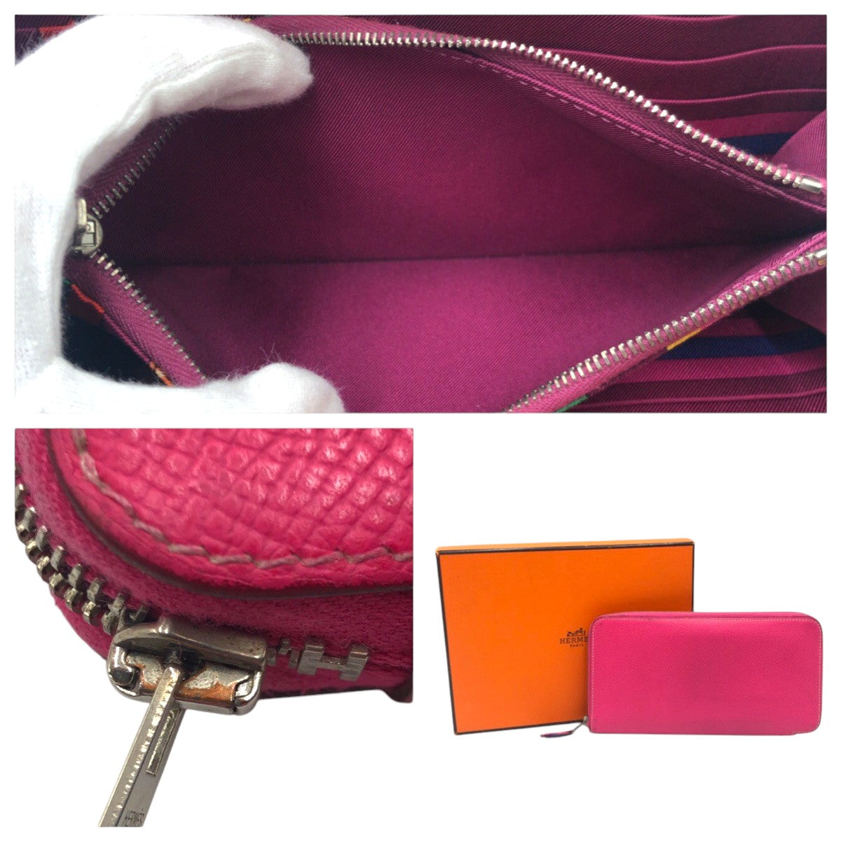 26279
HERMES エルメス アザップロング シルクイン ピンク ローズティリアン シルバー金具 ヴォーエプソン 長財布 ロングウォレット ラウンドファスナー □P刻印 レディース AB44