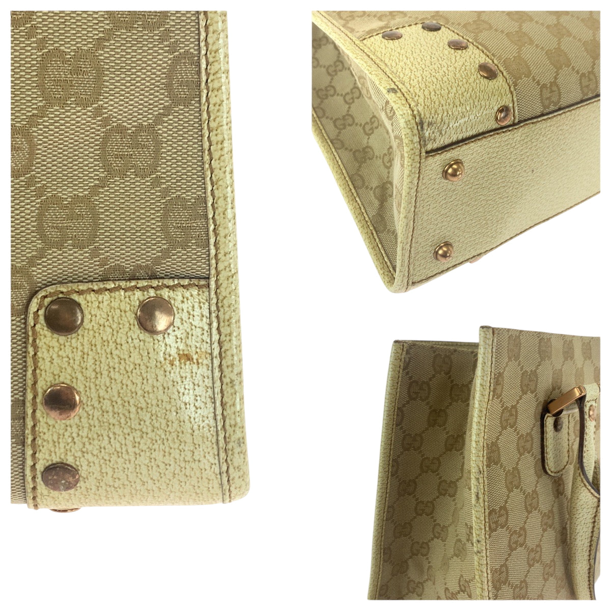 26283
GUCCI グッチ スタッズ ベージュ アイボリー ゴールド金具 GGキャンバス 124260 トートバッグ ハンドバッグ ショルダーバッグ レディース ABP40