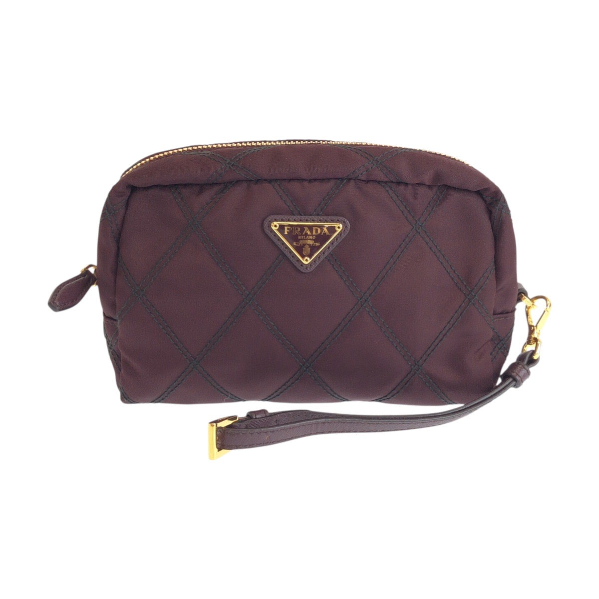 26292
PRADA プラダ 三角ロゴプレート テスート ワインレッド ボルドー ゴールド金具 ナイロン / レザー ポーチ 化粧ポーチ リストレット アクセサリーポーチ レディース A23