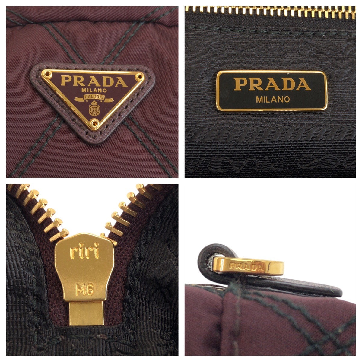 26292
PRADA プラダ 三角ロゴプレート テスート ワインレッド ボルドー ゴールド金具 ナイロン / レザー ポーチ 化粧ポーチ リストレット アクセサリーポーチ レディース A23