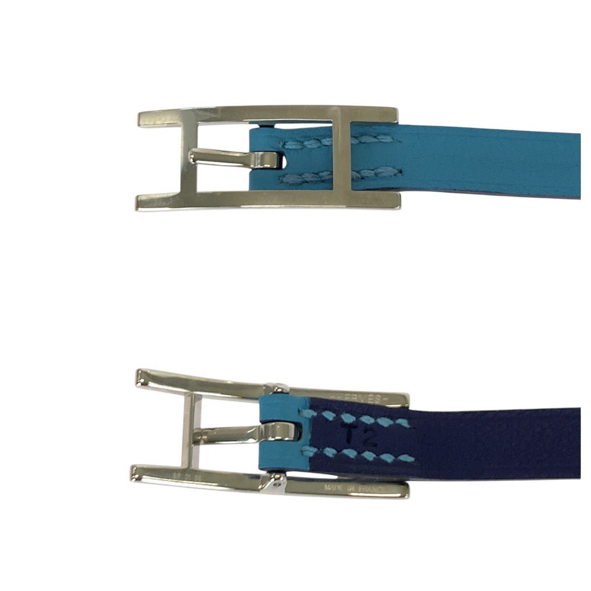 26295
HERMES エルメス ビー アピ ドゥブルトゥール ライトブルー ネイビー シルバー金具 ヴォースイフト / メタル ブレスレット 男女兼用 T2刻印 レディース SA32